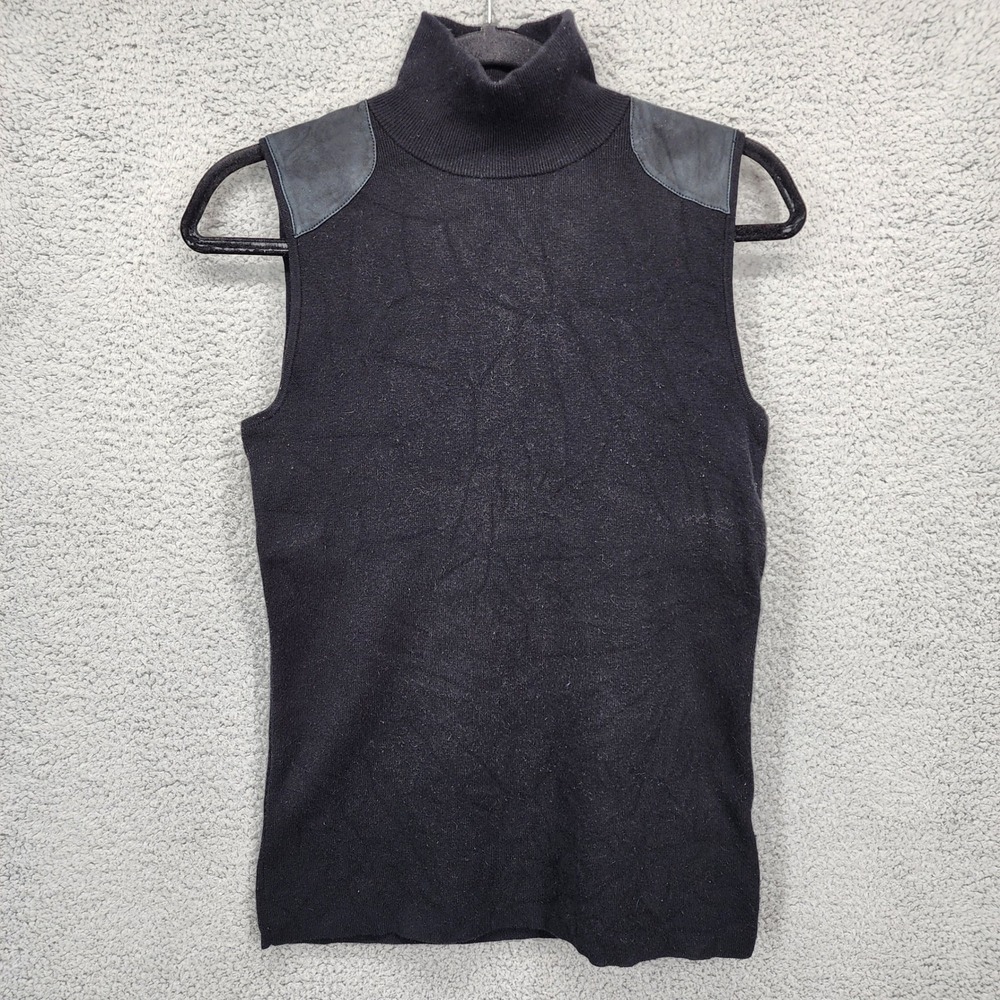 Polo Ralph Lauren Sz Small Black Sleeveless Turtleneck Sweater Leather Shoulder